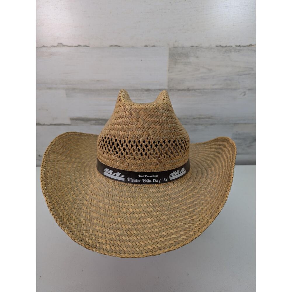 Vintage‎ Turf Paradise Meister Bräu Day Hat Cowboy Straw Western Brown Mens 80s